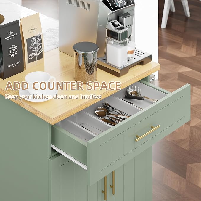 Shintenchi Kitchen Island cart with Storage, Portable Bar Cabinet on Wheels, Rolling Microwave Cart Side Table with Workstation for Kitchen, Dinning Room, Green