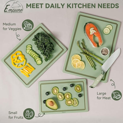 Empune 3-Piece Plastic Cutting Boards for Kitchen - Thick & Non-Slip Chopping Board Set with Juice Grooves, Dishwasher Safe, BPA Free, Includes Large & Small Sizes, Green