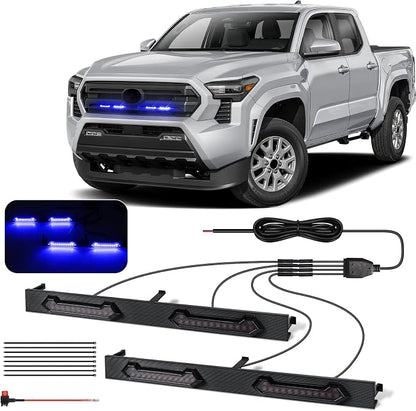 LED Grill Lights - 4PCS Front Grill Lights for Toyota Tacoma SR SR5 2024 2025 2026 with Fuse Adapter & Harness (Blue Light with Smoked Shell)