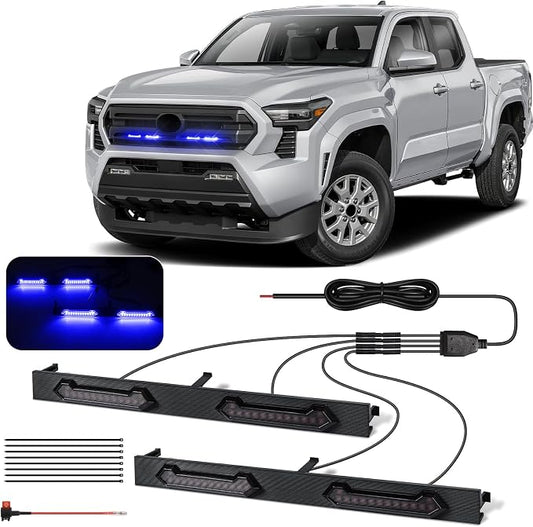 LED Grill Lights - 4PCS Front Grill Lights for Toyota Tacoma SR SR5 2024 2025 2026 with Fuse Adapter & Harness (Blue Light with Smoked Shell)