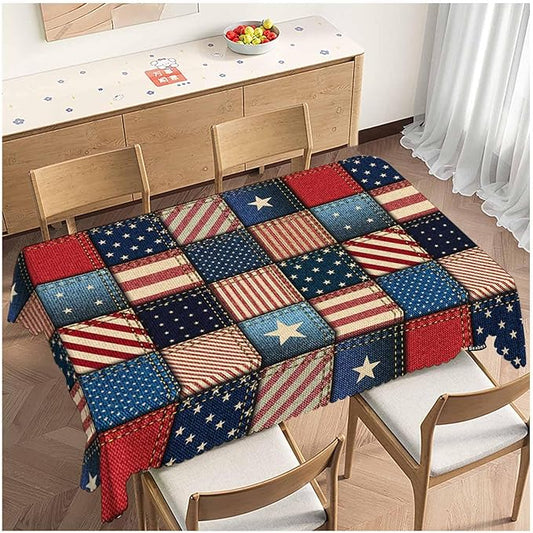 American Flag Tablecloth for Rectangle Tables Denim Patchwork of American Flag Picnic Table Cover Indoor and Outdoor Table Cloth Camping Tablecloths for Dinner Kitchen 52"X70"