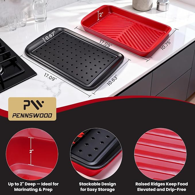 Grill Prep Trays Set of 2, Grill Tray for BBQ Meat Prep, Marinating & Serving, Large Melamine Grilling Prep and Serve Trays with Deep Raised Edges, Outdoor Grill Serving Tray, BPA Free