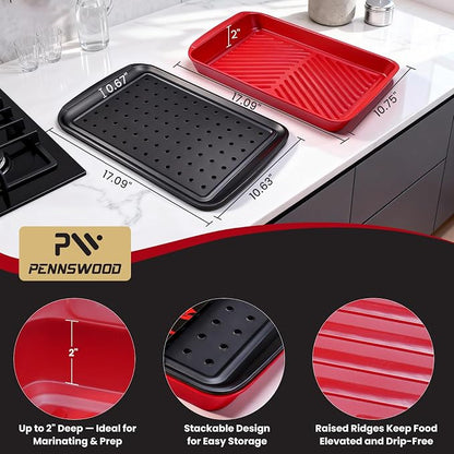 Grill Prep Trays Set of 2, Grill Tray for BBQ Meat Prep, Marinating & Serving, Large Melamine Grilling Prep and Serve Trays with Deep Raised Edges, Outdoor Grill Serving Tray, BPA Free