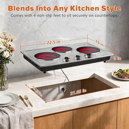 CUSIMAX Hot Plate,1800W Triple Infrared Burner, Independent Temperature Control,Electric Stove Can Simultaneously Cook Three Dishes,Compatible for All Cookware,Stainless Steel for Easy Cleaning