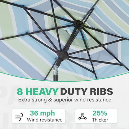 JEAREY 9 FT Patio Umbrella Outdoor, Table Umbrellas Market Umbrella w/Push Button Tilt/Crank, 8 Sturdy Ribs(Blue Green Striped)