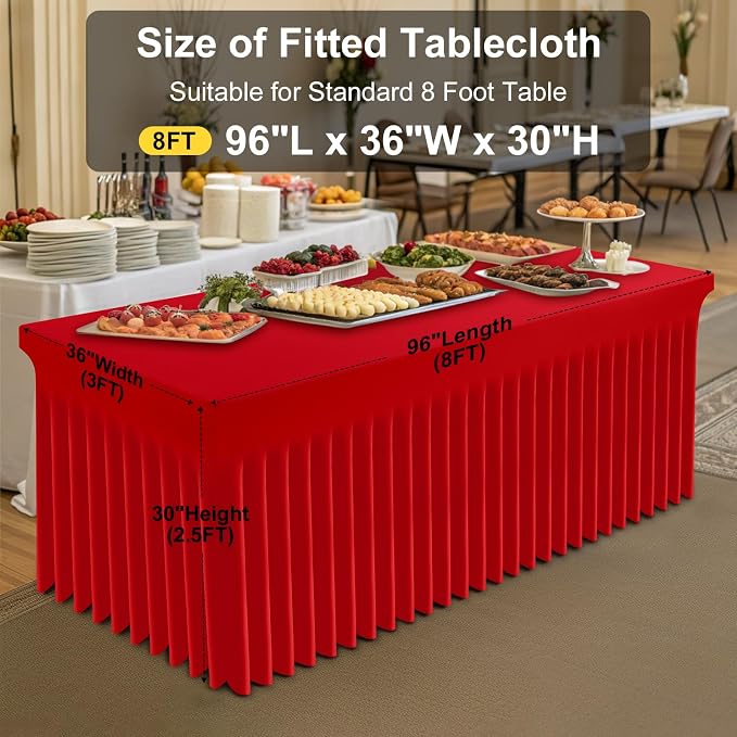 Smiry Spandex Elastic Fitted Table Cloth Skirt for 8FT Rectangle Table | Stretch Washable Table Cloth, Banquet Table Cover for Wedding, Party, Indoor & Trade Shows, (Red, 96Lx36Wx30H)