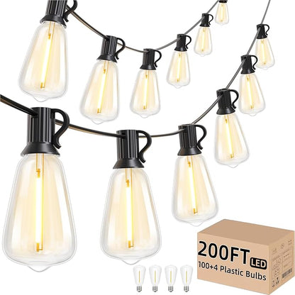 Svater 200 FT Outdoor String Lights Waterproof for Outside Patio 104 Bulbs | Shatterproof ST38 Dimmable LED Light, Hanging Lighting For Bistro Cafe Market Backyard, ETL Listed 2700K (100 FT * 2)