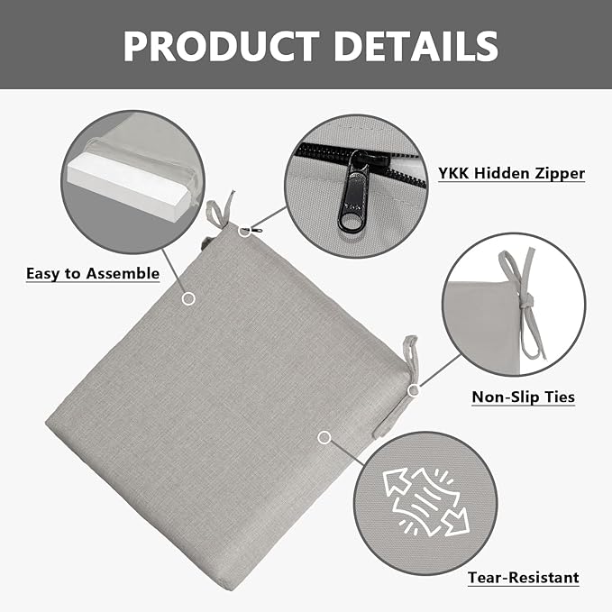 Goodgoods 20 x 20 Outdoor Chair Cushions Set of 4, Fade-Resistant & Water-Resistant Patio Seat Cushion Pads with Ties, 30D High-Resilience Foam for Dining Room Kitchen Chairs, Light Gray
