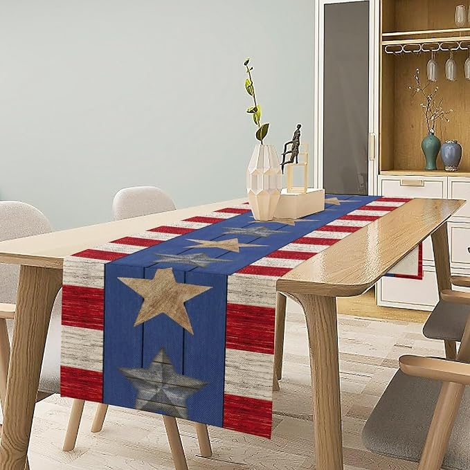 4th of July Memorial Day Table Runner, American Flag Stars Stripe for Home Kitchen Restaurant Holiday Kitchen Dining Table Decorations for Home Party Decor 13 x 90 Inch