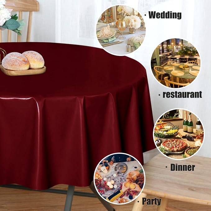 sancua 100% Waterproof Vinyl Tablecloth Table Cloth 60 Inch Round, Burgundy | Oil Spill Proof, PVC Material, Wipe Clean Table Cover for Dining Tables, Buffet Parties and Camping