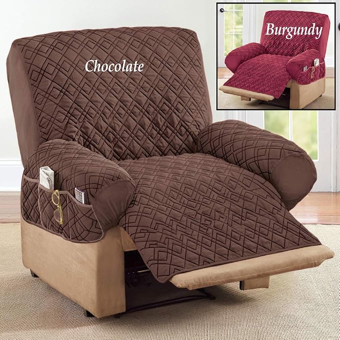 Collections Etc Diamond-Shape Quilted Stretch Recliner Cover with Storage Pockets and Elastic Straps - Furniture Protector, Chocolate, Recliner | Chocolate, Recliner, polyester, Storage Pocket