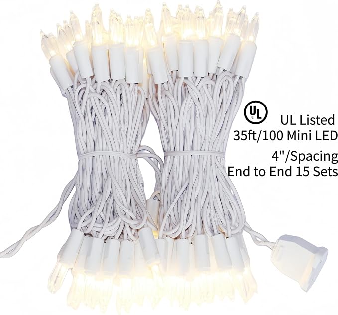 100 LED Warm White String Lights Indoor Outdoor Christmas | UL Listed Commercial Grade 35ft White Wire
