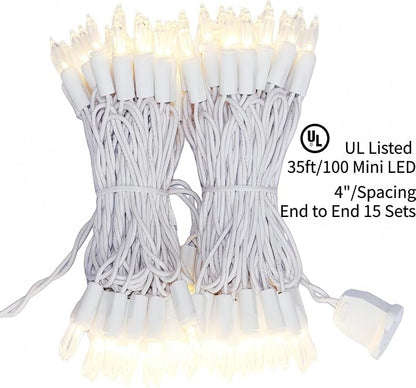 100 LED Warm White String Lights Indoor Outdoor Christmas | UL Listed Commercial Grade 35ft White Wire