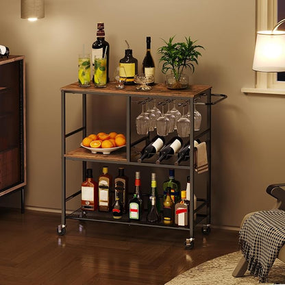 HOOBRO Bar Cart for The Home, 29.5 inches 3-Tier Serving Cart with Wheels, Rolling Kitchen Cart with Wine Rack and Glass Holder for Living Room, Party, Bar, Rustic Brown and Black BF21TC01G1