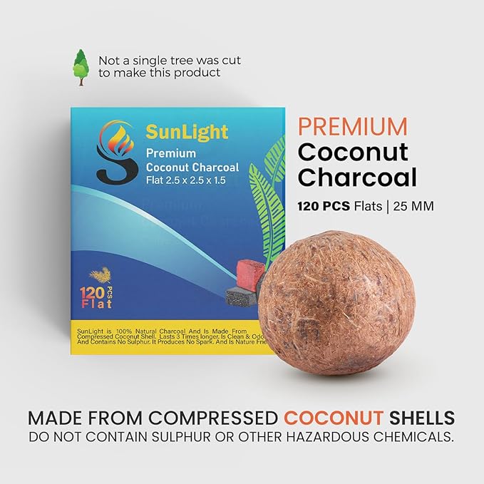 Sunlight Premium Coconut Charcoal Flats- 120 Half Cubes (1.25MM)- Long Lasting Natural Coco Charcoal - Zero ASH - Low Odor - 1.25MM Flats- Long Lasting - Full Burn