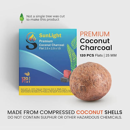 Sunlight Premium Coconut Charcoal Flats- 120 Half Cubes (1.25MM)- Long Lasting Natural Coco Charcoal - Zero ASH - Low Odor - 1.25MM Flats- Long Lasting - Full Burn