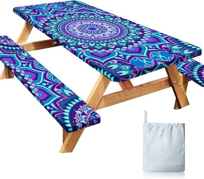 3 Piece Picnic Table Cover with Bench Covers, Camping Essentials | 72 inch Waterproof, Windproof Camping Tablecloth, Built-in Pockets, Elastic Edges, Machine Wash for Camping, BBQ, RV, Adults