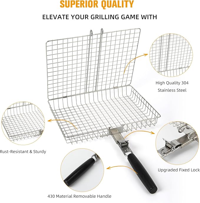 Grill Basket for Outdoor with Removable Handle,Stainless Steel BBQ Camping Cooking Accessories Tools for Meat Steak Fish Vegetable Shrimp, Gifts for Men Dad Husband