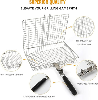 Grill Basket for Outdoor with Removable Handle,Stainless Steel BBQ Camping Cooking Accessories Tools for Meat Steak Fish Vegetable Shrimp, Gifts for Men Dad Husband