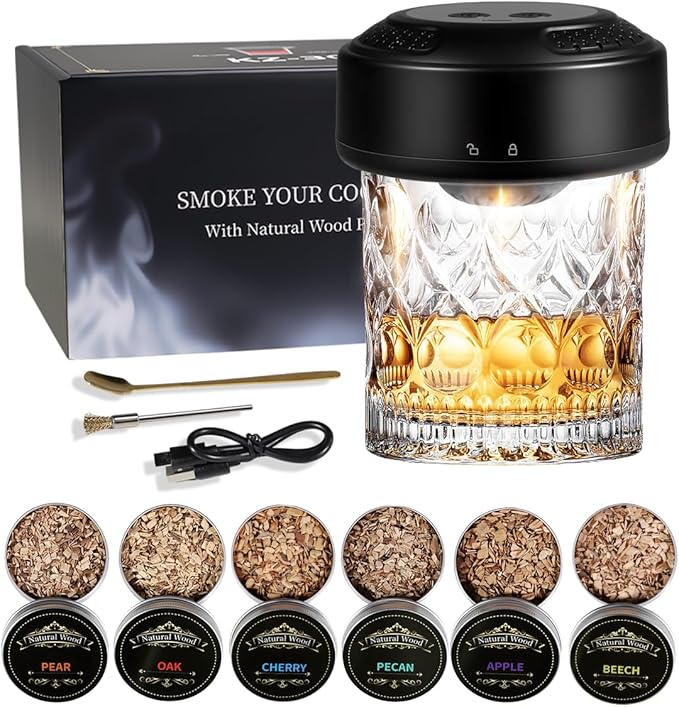 Electric Whiskey Smoker Kit with LED Light Show & Battery Gauge - 7 Dynamic Light Modes, 6 Wood Chips, USB-C Rechargeable