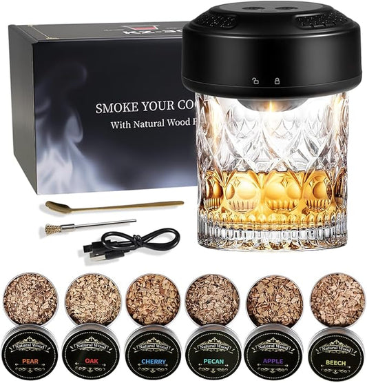 Electric Whiskey Smoker Kit with LED Light Show & Battery Gauge - 7 Dynamic Light Modes, 6 Wood Chips, USB-C Rechargeable
