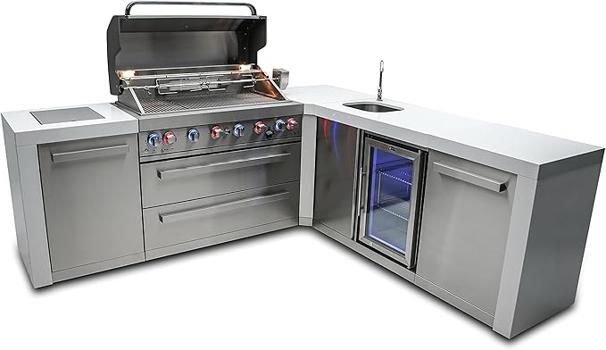 Mont Alpi Premium 94"W x 88"D L-shaped Deluxe Stainless Steel Modular Outdoor Kitchen Island with Beverage Center Refrigerator Faucet & Sink + 44"W 6-Burner BBQ Gas Grill + Storage Cabinets & Drawers