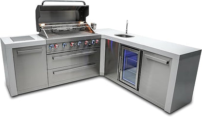 Mont Alpi Premium 94"W x 88"D L-shaped Deluxe Stainless Steel Modular Outdoor Kitchen Island with Beverage Center Refrigerator Faucet & Sink + 44"W 6-Burner BBQ Gas Grill + Storage Cabinets & Drawers