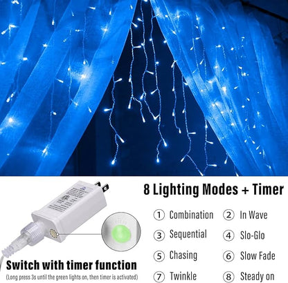 Joomer 66FT Christmas Icicle Lights Outdoor Non-Connectable Blue | 100 Drops 8 Modes Timer Waterproof Plug-in String Light for Christmas Party, holiday Eaves Roof Xmas Decorations