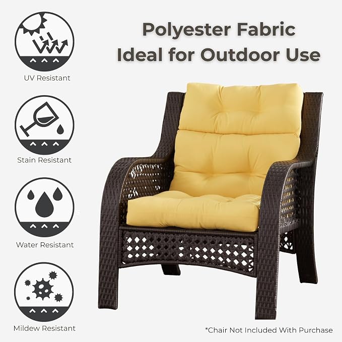 Outdoor Tufted High-Back Chair Cushions, One-Piece Hinged Seat and Back Design, Reversible with 4 Ties, Durable Polyester Fabric, Recycled Fiber Fill - Set of 2, Sunbeam