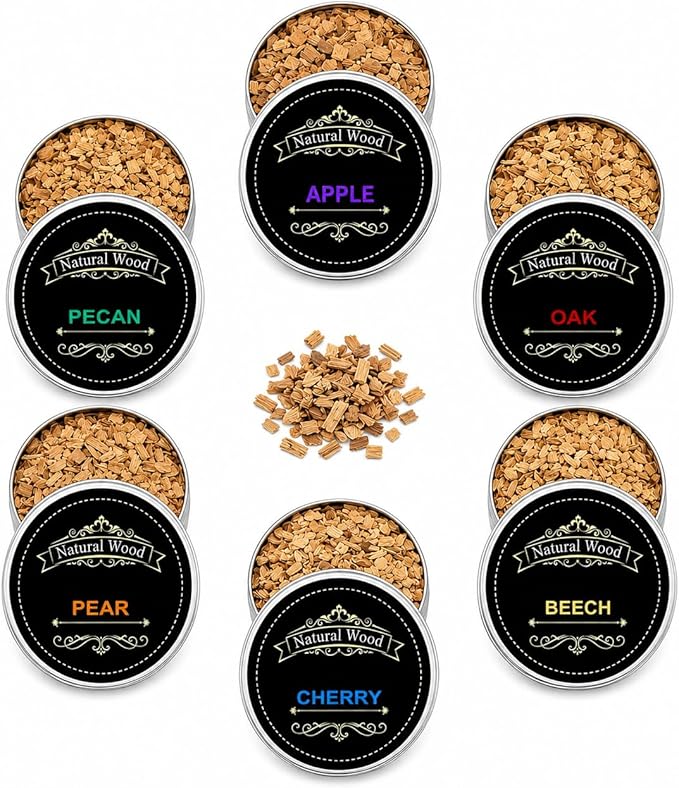 Whiskey Smoker Wood Chips Refill - 6 Flavor Variety Pack for Cocktail Smoker Kit - Natural Smoking Chips for Old Fashioned & Bourbon Drinks, Oak, Apple, Cherry, Hickory, Pear, Beech