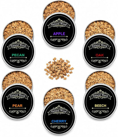 Whiskey Smoker Wood Chips Refill - 6 Flavor Variety Pack for Cocktail Smoker Kit - Natural Smoking Chips for Old Fashioned & Bourbon Drinks, Oak, Apple, Cherry, Hickory, Pear, Beech