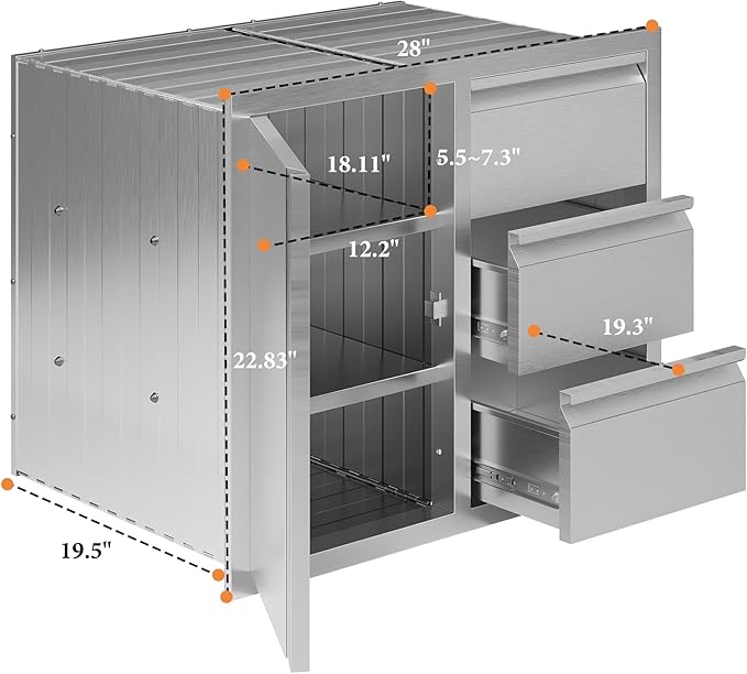 Jocisland 28-Inch Stainless Steel Outdoor Kitchen Drawer Cabinet | 28 W x 20 D x 23 H In, 3-Tier Cabinet and 3-Drawer Combo, Built-In BBQ Island Storage