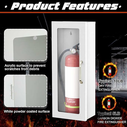 Zonon 10 lb Fire Extinguisher Cabinet with Reflective Sign, Wall & Surface Mount Fire Extinguisher Box Case Steel 24-3/4" H x 10-1/4" W x 6-3/4" D, with Handle, for 2.5/5/10 lb Dry Chemical(White)