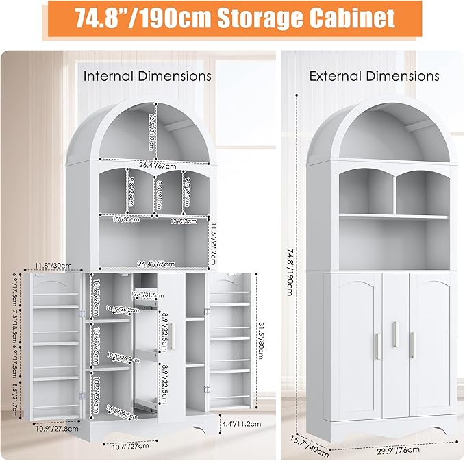 kepptory 75”Arched Pantry Cabinets with Microwave Shelf, Tall Kitchen Pantry Storage Cabinet with Drawer and Adjustable Shelves, Cupboards with LED Light for Kitchen, Living Room, Dining Room Use