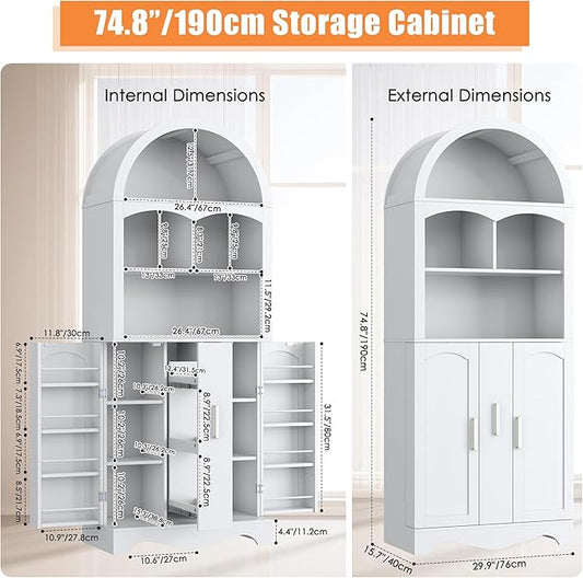 kepptory 75”Arched Pantry Cabinets with Microwave Shelf, Tall Kitchen Pantry Storage Cabinet with Drawer and Adjustable Shelves, Cupboards with LED Light for Kitchen, Living Room, Dining Room Use