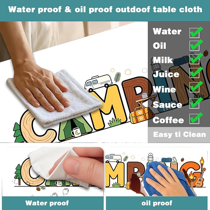 Kids Picnic Table Cover with Bench Covers & Storage Bag 3PCS, 30x60 Inch Cartoon Camping Themed Waterproof Fitted Outdoor Patio Tablecloth with Elastic Edges, Camping Essentials for Garden Campsite