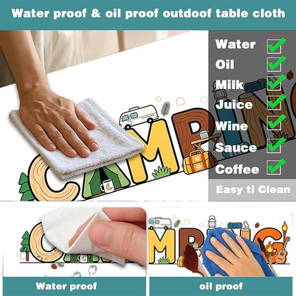 Kids Picnic Table Cover with Bench Covers & Storage Bag 3PCS, 30x60 Inch Cartoon Camping Themed Waterproof Fitted Outdoor Patio Tablecloth with Elastic Edges, Camping Essentials for Garden Campsite