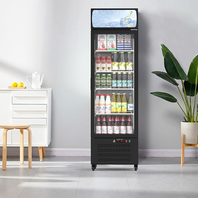 IDEALHOUSE 13.4 Cu.Ft Commercial Display Refrigerator, Single Glass Door Beverage Cooler with 4 Adjustable Shelves & LED Lighting, Black Drink Fridge for Store or Home
