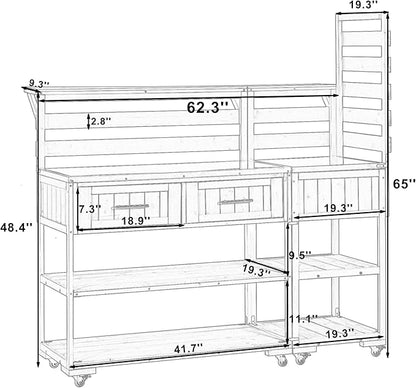 GDFStudio Elshire Patio Kitchen Island Cart with Storage, Wooden Outdoor Storage Cabinet with Stainless Steel BBQ Prep Table Top, Drawers, Raised Shelf and Lockable Wheels, Garden Potting Bench, Black