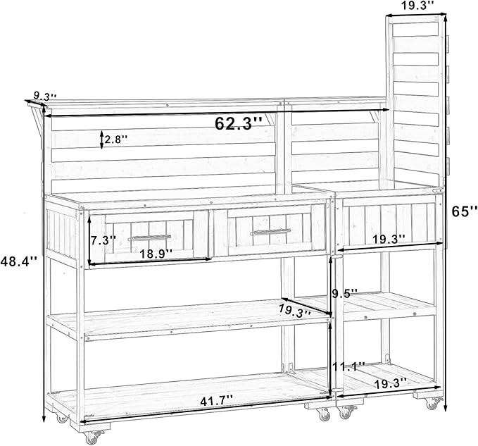 GDFStudio Elshire Patio Kitchen Island Cart with Storage, Wooden Outdoor Storage Cabinet with Stainless Steel BBQ Prep Table Top, Drawers, Raised Shelf and Lockable Wheels, Garden Potting Bench, Brown