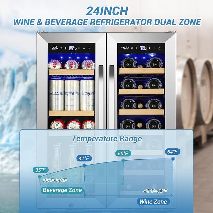 Velivi Wine and Beverage Refrigerator Under Counter, 24 Inch Beverage Fridge Dual Zone with Glass Door, Built In Beverage Cooler with Increase Capacity Space, Advanced Cooling System