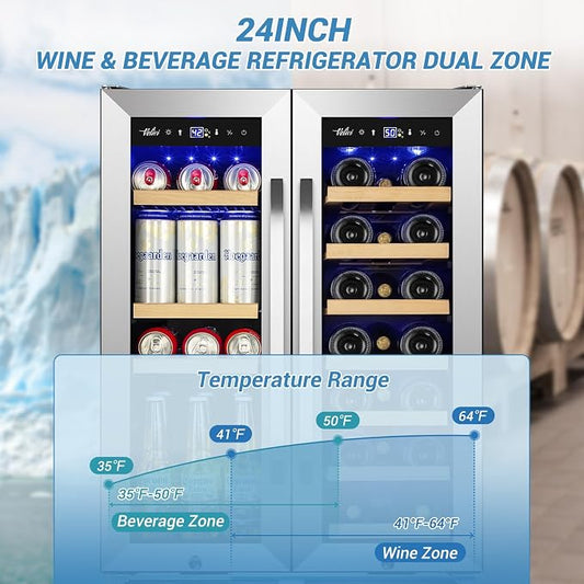 Velivi Wine and Beverage Refrigerator Under Counter, 24 Inch Beverage Fridge Dual Zone with Glass Door, Built In Beverage Cooler with Increase Capacity Space, Advanced Cooling System
