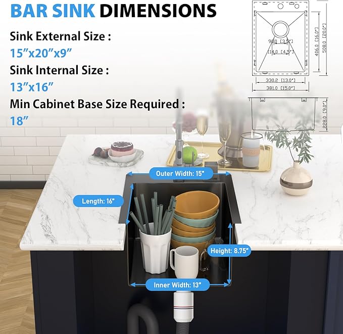 15 In Gunmetal Black Drop Bar Sink 15 x 20 Inch Kitchen Sink 18 Gauge Stainless Steel Single Bowl Topmount Handmade Sink for Outdoor, RV, 15x20x9
