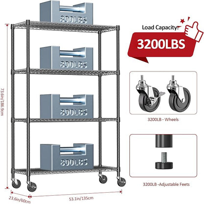 IZEUK Garage Shelving Wide Storage Shelves 4 Tier Metal Shelves 3200 LBS Heavy Duty Adjustable Utility Shelf Rack Black 23.6" D x 53.1" W x 73.6" H