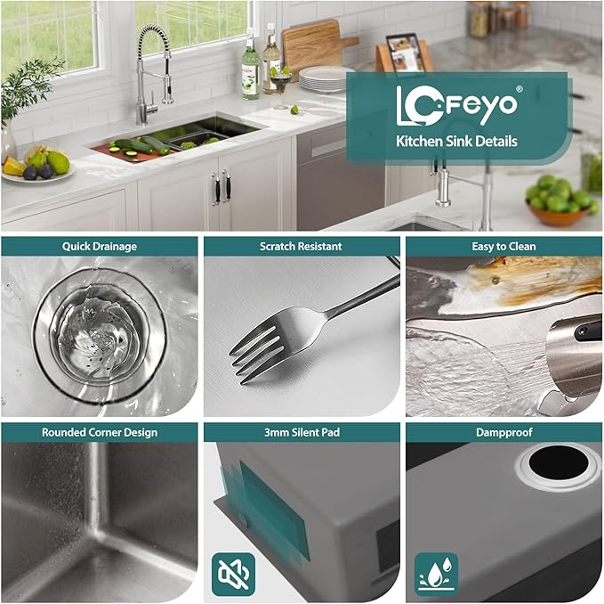 32x17 Inch Undermount Kitchen Sink with Upgraded Fast Drain & Anti-Clog All-In-One, 16 Gauge Stainless Steel Workstation Sink, Single Bowl Deep Under Counter Sink