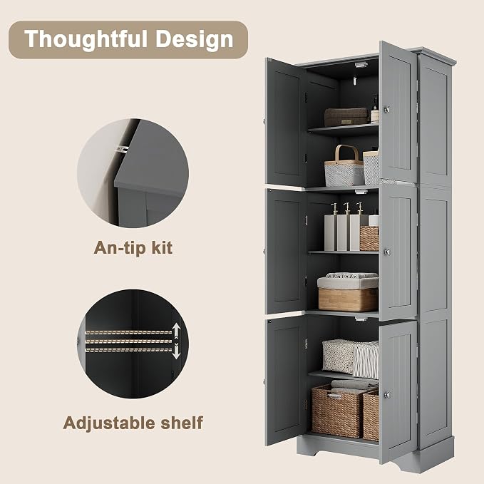 ChooChoo 63.2" Tall Bathroom Storage Cabinet with 6 Doors | Freestanding Floor Cabinet, Adjustable Shelves, Pantry Cabinet for Bathroom, Kitchen, Laundry Room, Grey