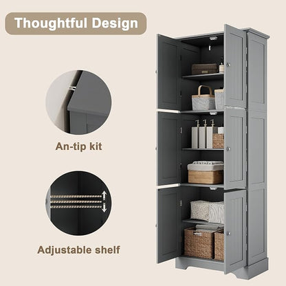 ChooChoo 63.2" Tall Bathroom Storage Cabinet with 6 Doors | Freestanding Floor Cabinet, Adjustable Shelves, Pantry Cabinet for Bathroom, Kitchen, Laundry Room, Grey