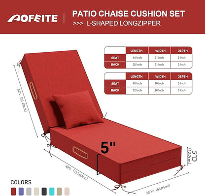 Outdoor Water-Resistant Olefin Chaise Lounge Cushions with Pillow, Weather and Fade Resistant Patio Furniture Lounge Chair Cushion Ideal for Patio, Lawn, Garden, Red, 80" L x 26" W x 5" T