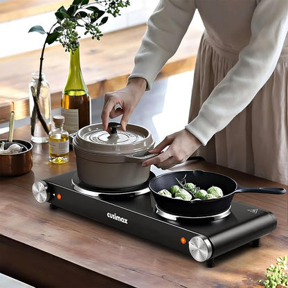 CUSIMAX Double Hot Plates Electric Burner, 1800W Countertop Cooktop with Adjustable Temperature Control, Hot Plates for Cooking Portable Electric Stove, Black Stainless Steel Cooktop, Upgraded Version