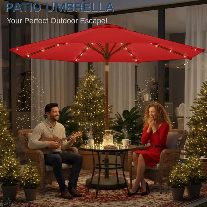 9' Solar LED Patio Umbrella with Tilt & Crank|8 Sturdy Ribs,UV Protection,Outdoor Market Table Umbrella for Deck,Lawn,Pool,Backyard (Red)